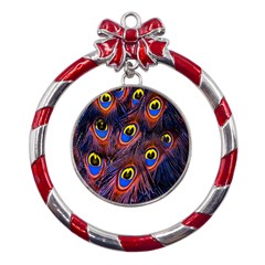 Peacock-feathers,blue,yellow Metal Red Ribbon Round Ornament by nateshop