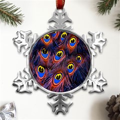 Peacock-feathers,blue,yellow Metal Small Snowflake Ornament by nateshop