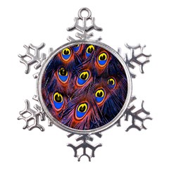 Peacock-feathers,blue,yellow Metal Large Snowflake Ornament by nateshop