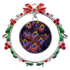 Peacock-feathers,blue,yellow Metal X mas Wreath Ribbon Ornament by nateshop