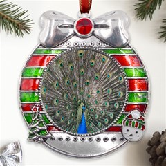 Peacock-feathers1 Metal X mas Ribbon With Red Crystal Round Ornament