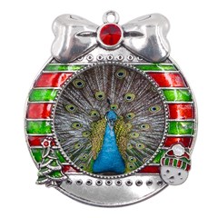 Peacock-feathers2 Metal X mas Ribbon With Red Crystal Round Ornament by nateshop