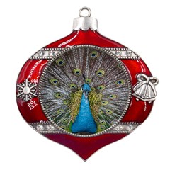 Peacock-feathers2 Metal Snowflake And Bell Red Ornament by nateshop