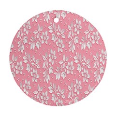 Pink Texture With White Flowers, Pink Floral Background Ornament (round) by nateshop