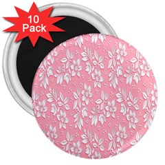 Pink Texture With White Flowers, Pink Floral Background 3  Magnets (10 Pack)  by nateshop