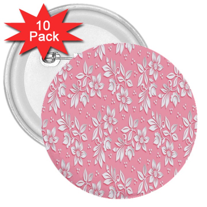 Pink Texture With White Flowers, Pink Floral Background 3  Buttons (10 pack) 