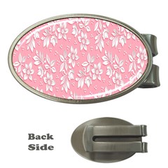 Pink Texture With White Flowers, Pink Floral Background Money Clips (oval)  by nateshop