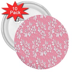 Pink Texture With White Flowers, Pink Floral Background 3  Buttons (10 Pack)  by nateshop