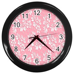 Pink Texture With White Flowers, Pink Floral Background Wall Clock (black) by nateshop