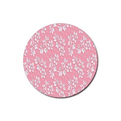 Pink Texture With White Flowers, Pink Floral Background Rubber Coaster (round) by nateshop