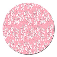 Pink Texture With White Flowers, Pink Floral Background Magnet 5  (round) by nateshop