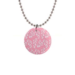 Pink Texture With White Flowers, Pink Floral Background 1  Button Necklace by nateshop