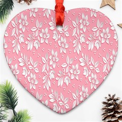 Pink Texture With White Flowers, Pink Floral Background Heart Ornament (two Sides) by nateshop