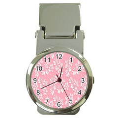 Pink Texture With White Flowers, Pink Floral Background Money Clip Watches by nateshop