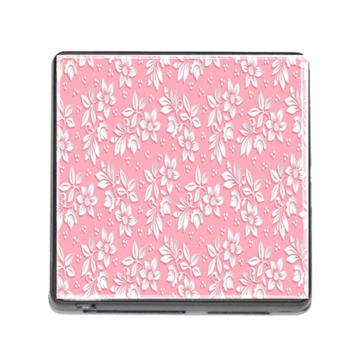 Pink Texture With White Flowers, Pink Floral Background Memory Card Reader (Square 5 Slot)