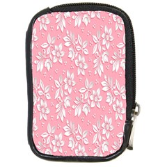 Pink Texture With White Flowers, Pink Floral Background Compact Camera Leather Case by nateshop