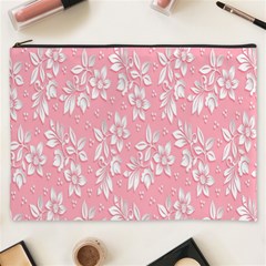 Pink Texture With White Flowers, Pink Floral Background Cosmetic Bag (xxxl) by nateshop