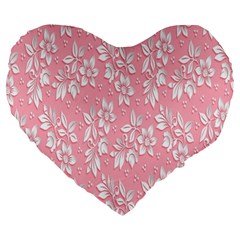 Pink Texture With White Flowers, Pink Floral Background Large 19  Premium Heart Shape Cushions by nateshop