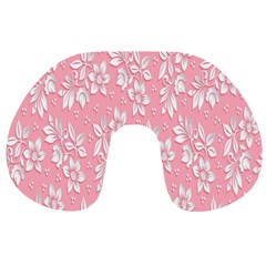 Pink Texture With White Flowers, Pink Floral Background Travel Neck Pillow by nateshop