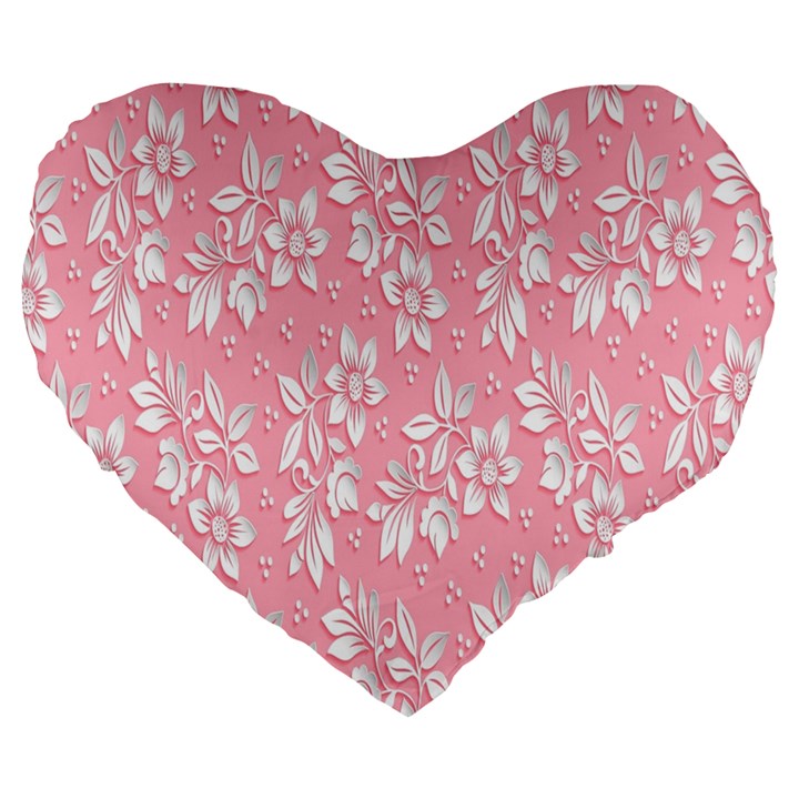 Pink Texture With White Flowers, Pink Floral Background Large 19  Premium Heart Shape Cushions