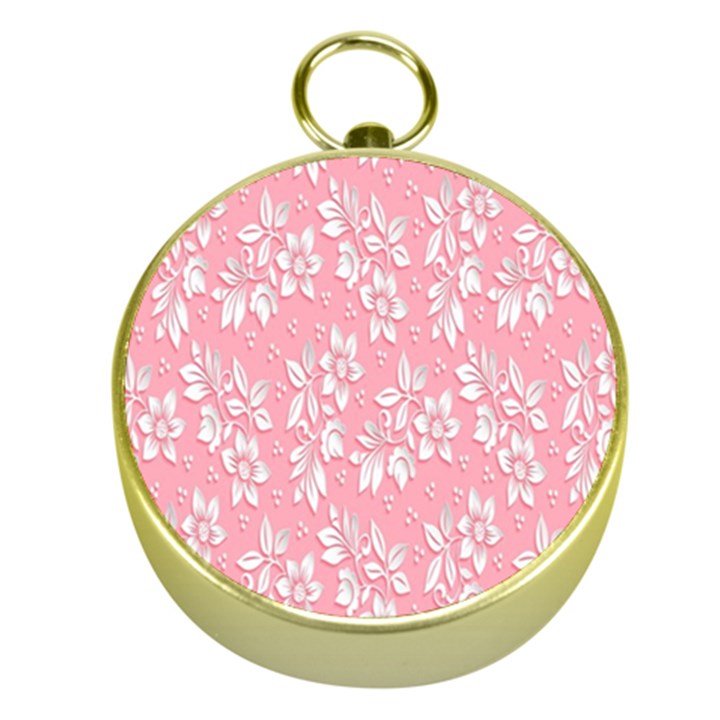 Pink Texture With White Flowers, Pink Floral Background Gold Compasses