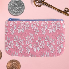 Pink Texture With White Flowers, Pink Floral Background Large Coin Purse by nateshop