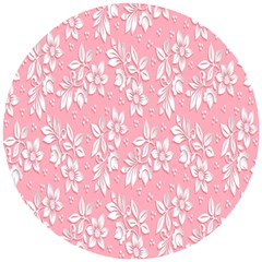 Pink Texture With White Flowers, Pink Floral Background Wooden Puzzle Round by nateshop