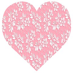 Pink Texture With White Flowers, Pink Floral Background Wooden Puzzle Heart by nateshop