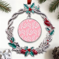 Pink Texture With White Flowers, Pink Floral Background Metal X mas Wreath Holly Leaf Ornament by nateshop