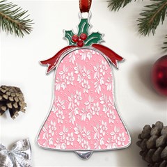 Pink Texture With White Flowers, Pink Floral Background Metal Holly Leaf Bell Ornament by nateshop