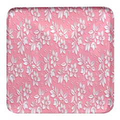 Pink Texture With White Flowers, Pink Floral Background Square Glass Fridge Magnet (4 Pack) by nateshop