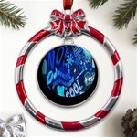 Really Cool Blue, Unique Blue Metal Red Ribbon Round Ornament Front