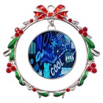 Really Cool Blue, Unique Blue Metal X mas Wreath Ribbon Ornament Front