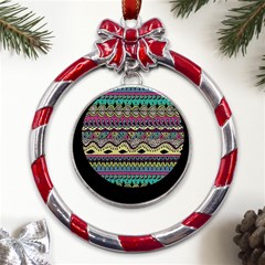 Aztec Design Metal Red Ribbon Round Ornament