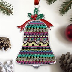 Aztec Design Metal Holly Leaf Bell Ornament