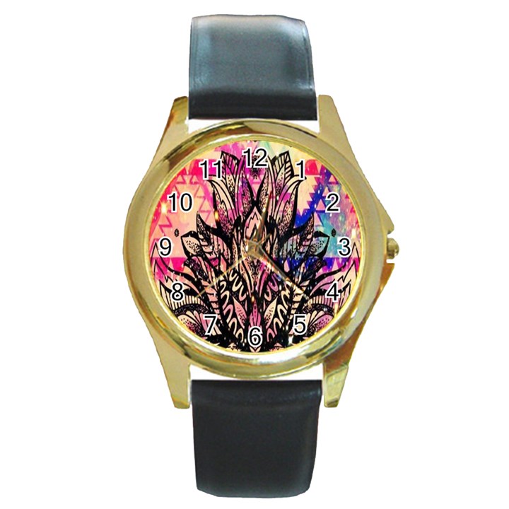 Aztec Flower Galaxy Round Gold Metal Watch