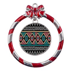 Aztec Wallpaper Metal Red Ribbon Round Ornament