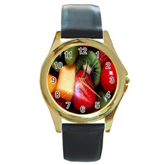 Fruits, Food, Green, Red, Strawberry, Yellow Round Gold Metal Watch by nateshop