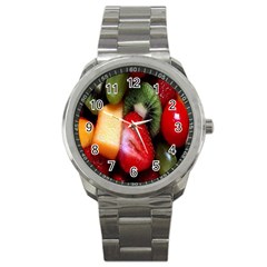 Fruits, Food, Green, Red, Strawberry, Yellow Sport Metal Watch by nateshop