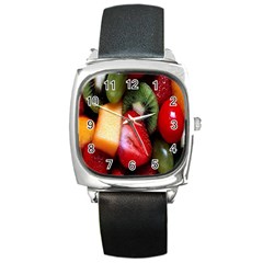 Fruits, Food, Green, Red, Strawberry, Yellow Square Metal Watch by nateshop