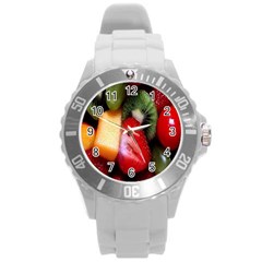 Fruits, Food, Green, Red, Strawberry, Yellow Round Plastic Sport Watch (l) by nateshop