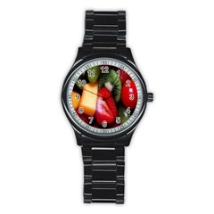 Fruits, Food, Green, Red, Strawberry, Yellow Stainless Steel Round Watch by nateshop