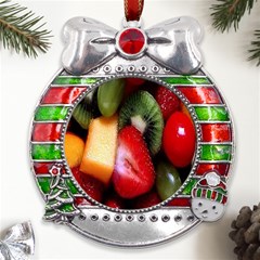 Fruits, Food, Green, Red, Strawberry, Yellow Metal X mas Ribbon With Red Crystal Round Ornament