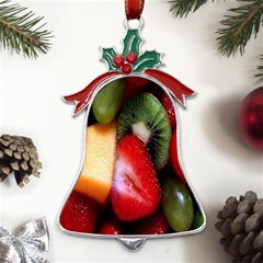 Fruits, Food, Green, Red, Strawberry, Yellow Metal Holly Leaf Bell Ornament