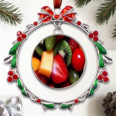 Fruits, Food, Green, Red, Strawberry, Yellow Metal X mas Wreath Ribbon Ornament