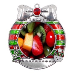 Fruits, Food, Green, Red, Strawberry, Yellow Metal X mas Ribbon With Red Crystal Round Ornament by nateshop