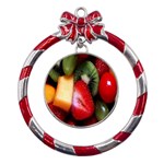 Fruits, Food, Green, Red, Strawberry, Yellow Metal Red Ribbon Round Ornament Front