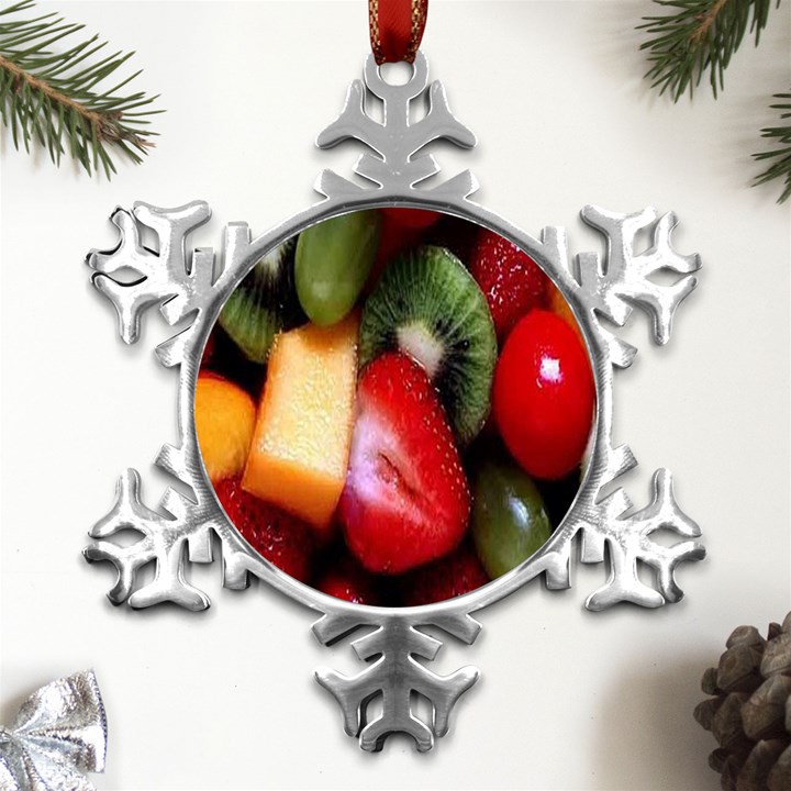 Fruits, Food, Green, Red, Strawberry, Yellow Metal Small Snowflake Ornament