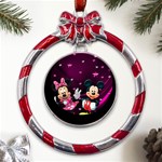 Cartoons, Disney, Mickey Mouse, Minnie Metal Red Ribbon Round Ornament Front