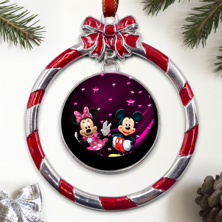 Cartoons, Disney, Mickey Mouse, Minnie Metal Red Ribbon Round Ornament